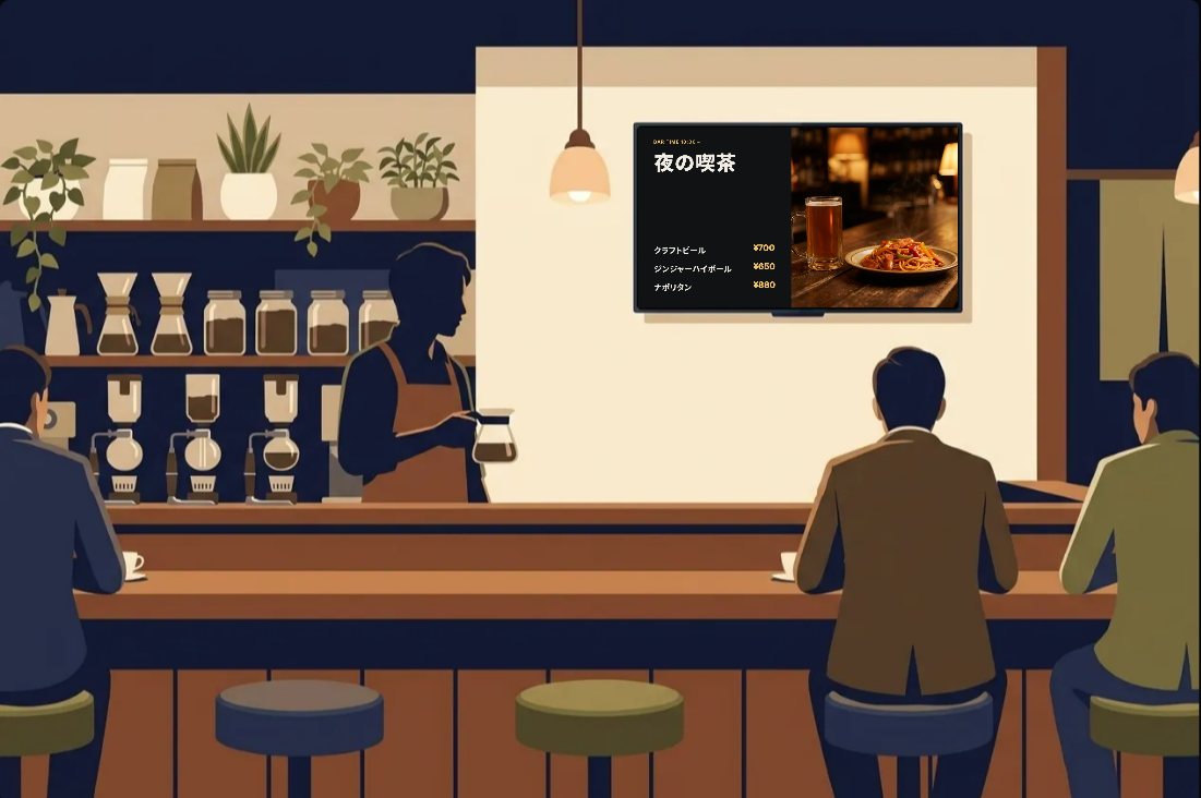 喫茶店の壁のモニターに、夜のメニューが流れているイラスト