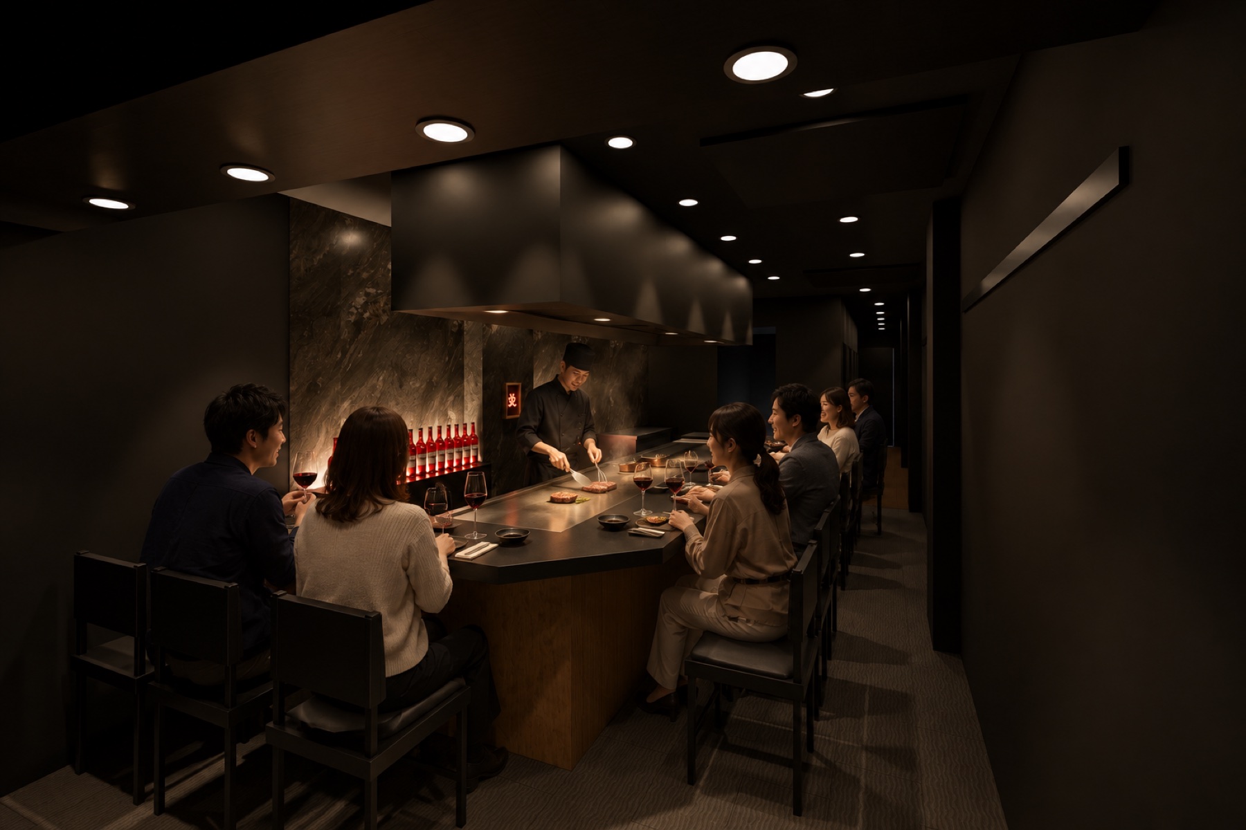 鉄板焼き店の完成予想パース(客席・営業時のイメージ)