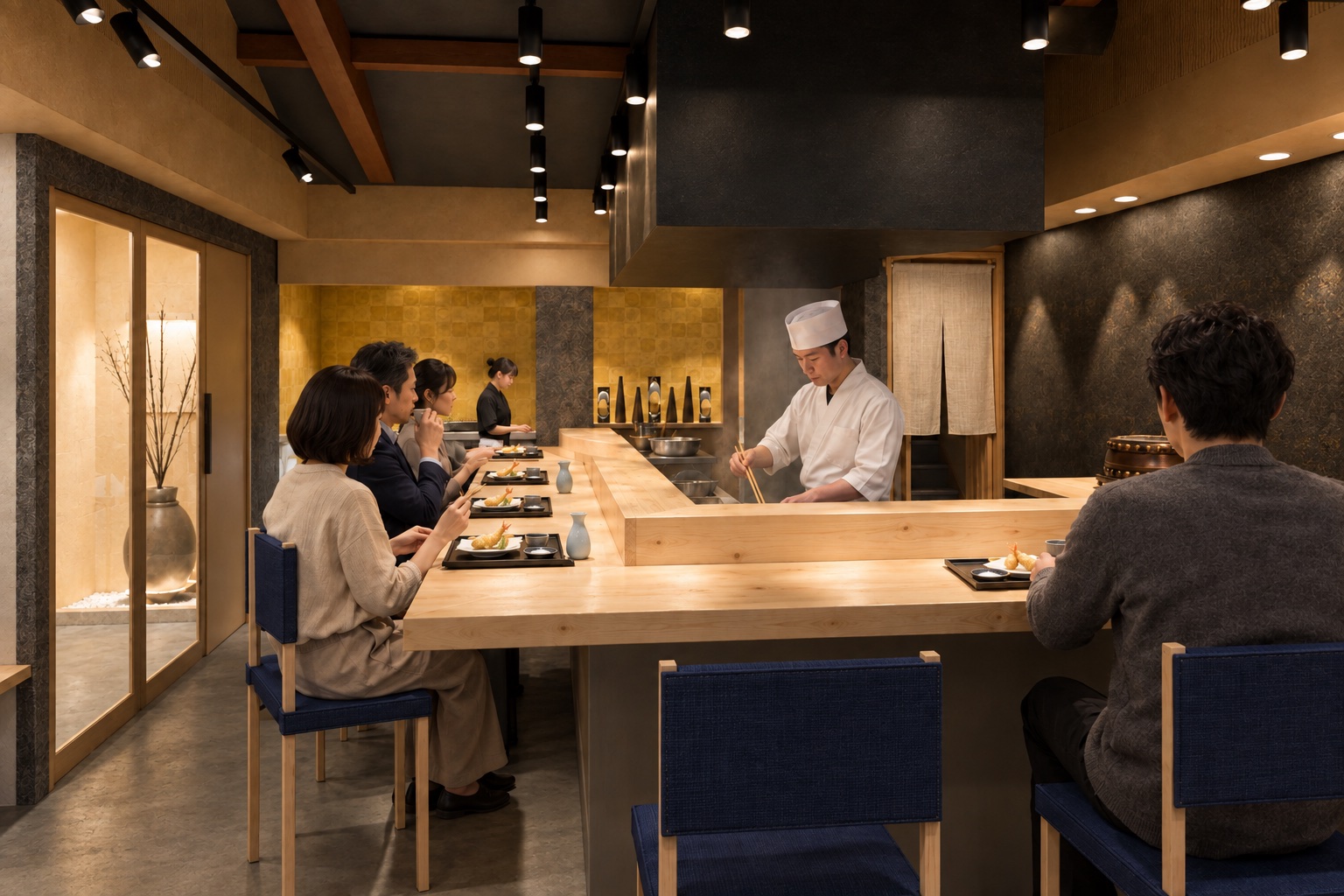 天ぷら店の完成予想パース(客席・営業時のイメージ)